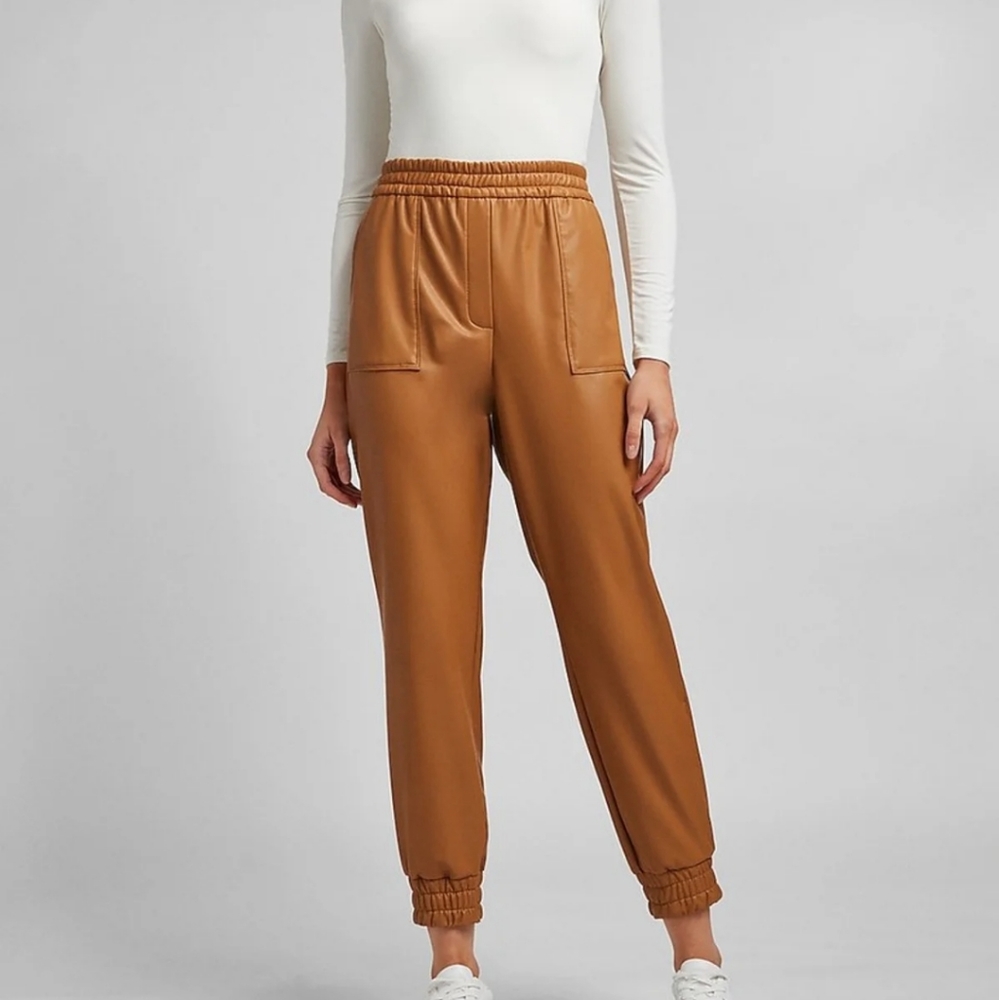 Express Dark Tan High Waisted Ankle Faux Leather Joggers Size XL NWT